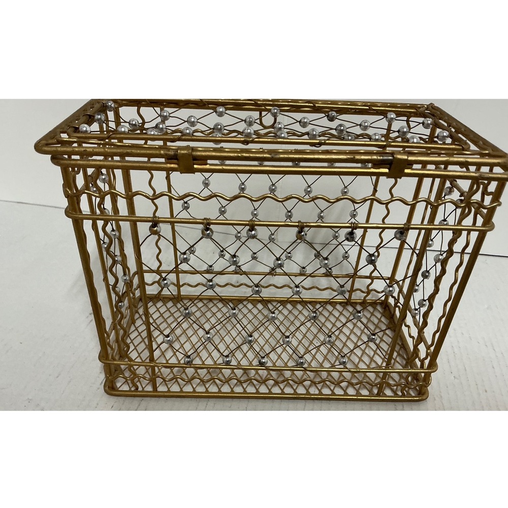 Gold Wire Decorative Basket Hinged Lid Silver Bead Accents Rectangular Storage